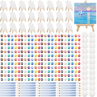 24Pack Mini Canvas Boards and Easel Paint Set,24Pcs Canvas and Easel,12 Colors Acrylic Paint Strips,48 Brushes,24 Palettes,Washable Acrylic Paint Set for Painting Crafts Party Favors (4" X 4") - color: 4" X 4"