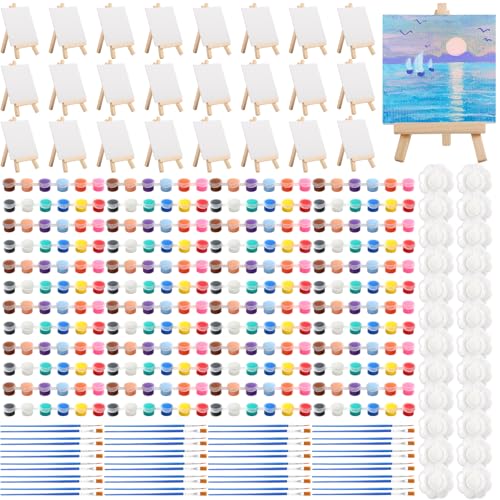 24Pack Mini Canvas Boards and Easel Paint Set,24Pcs Canvas and Easel,12 Colors Acrylic Paint Strips,48 Brushes,24 Palettes,Washable Acrylic Paint Set for Painting Crafts Party Favors (4" X 4") - color: 4" X 4"