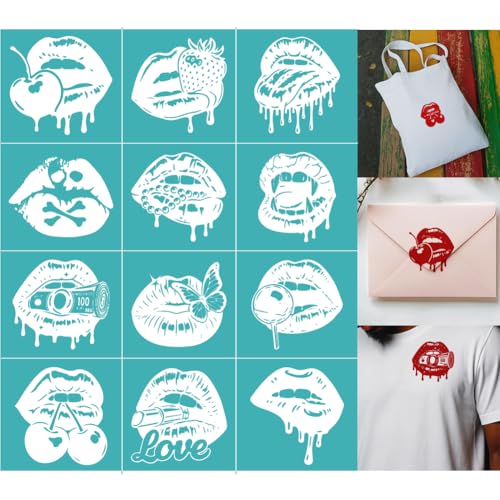 2 Sheets Silkscreen Stencil, Lips Printing Stencils Templates Reusable Self-Adhesive Silk Screen for Painting on Wall, Wood, T-Shirt, Fabric, Home Craft Decor, 8.7x11Inch - style: Lips