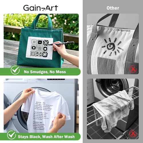 Gain-Art Black Fabric Markers, Dual-Tip Fabric Markers Permanent for Clothes, Non-Toxic Fabric Paint Pens for Personalizing Shirts Bags Hats Canvas, and Textiles