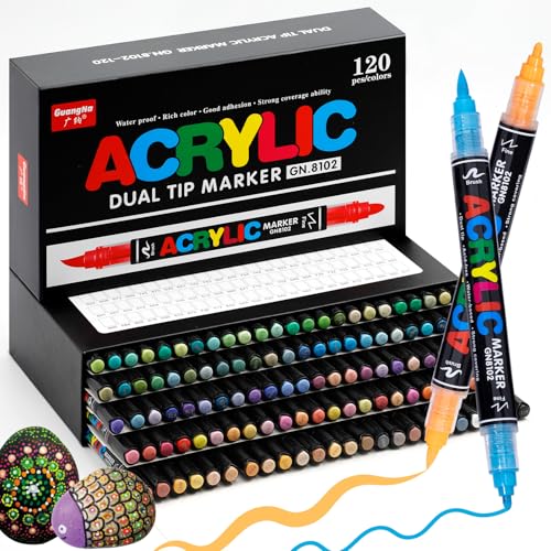 Guangna 120 Colors Acrylic Paint Markers, Dual Tip Paint Markers Pens Set with Soft Brush Tip, Multifunctional Fine Tip Markers for Wood,Canvas, Rock Painting,Glass,Diy Crafts Art Supplies, Waterproof - color: Dual Tip120 Colors