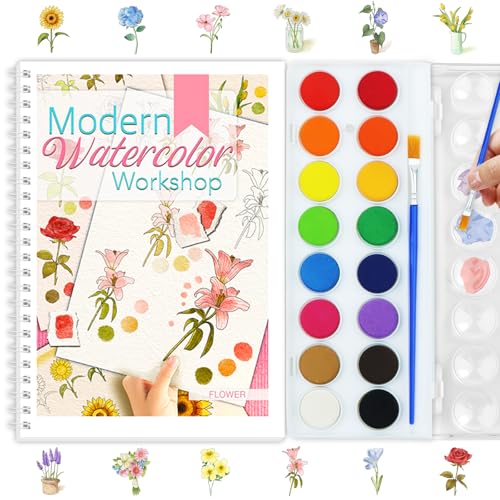 Beginners Watercolor Workbook for Adults -Step-by-Step Coloring Book Set-12 coloring book pages - Includes 16 color blocks and a brush - Professional Watercolor Paper: 300gsm/140lb (Flowers) - style: Flowers