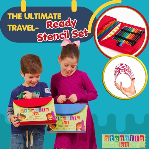 Drawing Stencils Set for Kids (55 Piece) - Arts and Crafts Set for Girls & Boys - Christmas & Birthday Gifts for Kids 4 5 6 7 8 9+ Year Old - Ideal Creativity Kit & Travel Activity with 300+ Shapes - color: Blue