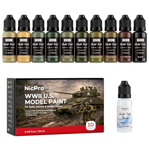 Nicpro 10 Colors WWII U.S. Model Paint Set, 20ml Ready to Use Modeling Acrylic Paints, Brush & Airbrush, Miniature Paint Set for American Armour, Tanks, Vehicles & Infantry Models Figures with Thinner - style: WWII U.S.