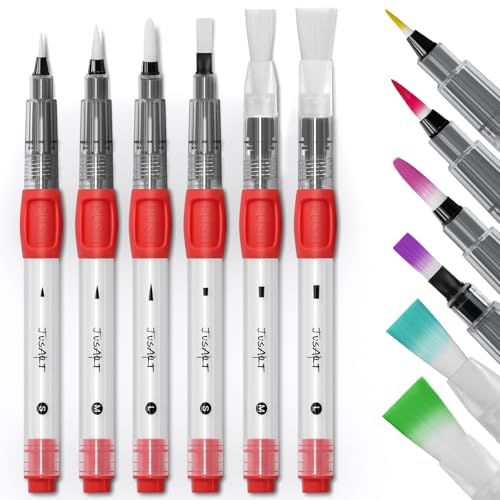 JusArt Water Brush Pens 6-Pack Leak-Proof Refillable Watercolor Pens for Acrylic and Gouache Painting - Includes Pointed & Flat Tip Styles - Portable Water Brushes for Artists, Beginners, Adults - color: 6 Pcs Red