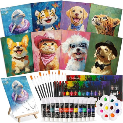 Cholemy 36 Pcs Paint and Sip Kit for Adults 8''x10'' Pre Drawn Canvas for Painting DIY Afro Acrylic Painting Kit Wood Easel Brushes Date Night Bulk for Summer 4th of July Party Gift(Animal) - style: Animals