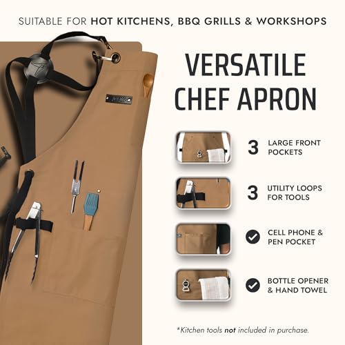 Asaya Chef and BBQ Apron with Bottle Opener and Hand Towel - 10oz Cotton Canvas, Stainless Steel Hardware - Cross Back Straps - color: Tan