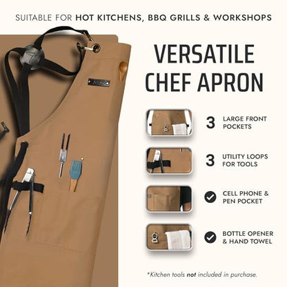 Asaya Chef and BBQ Apron with Bottle Opener and Hand Towel - 10oz Cotton Canvas, Stainless Steel Hardware - Cross Back Straps - color: Tan
