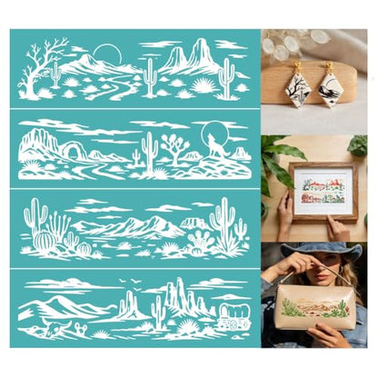 2 Sheets Desert Landscape Silk Screen Stencil, Cactus Mesas Coyotes Self-Adhesive Silk Screen Printing Stencils Reusable Mesh Stencil for Painting on Wall, Wood, T-Shirt, Home Craft Decor - style: Desert Landscape