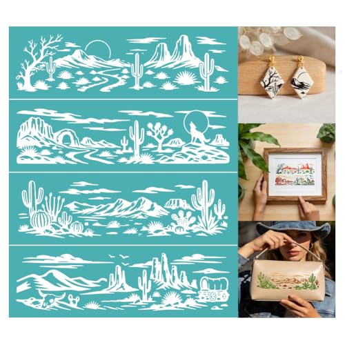 2 Sheets Desert Landscape Silk Screen Stencil, Cactus Mesas Coyotes Self-Adhesive Silk Screen Printing Stencils Reusable Mesh Stencil for Painting on Wall, Wood, T-Shirt, Home Craft Decor - style: Desert Landscape
