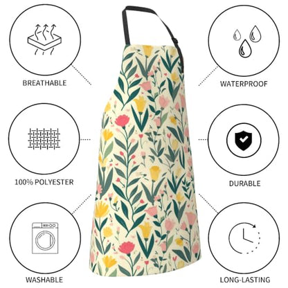 Cream Pastel Wildflower Art Waterproof Apron with Pockets | Garden Aprons for Men Women Adjustable Bib Apron for Cooking Kitchen Baking BBQ Painting Housework Oil Resistant - color: Cream Pastel Wildflower Art