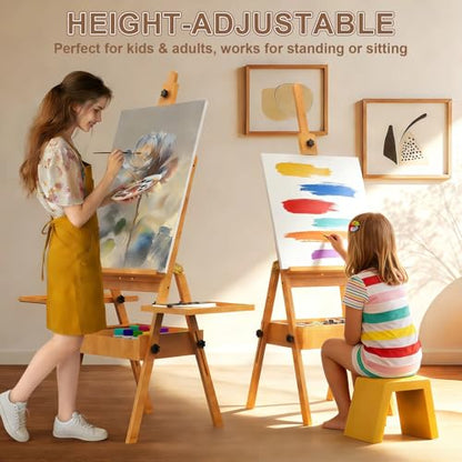 Large Beech Wood H-Frame Easel, Painting Easel for Adults with Storage Box and Palette, Multi-Function Studio Easel, Professional Foldable Artist Easel Stand for Painting, Holds Canvas Art up to 36" - color: Natural