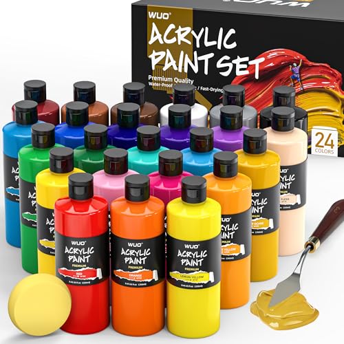 WUO 24 Colors Acrylic Paint Set, 250ml/8.45oz Bottles Acrylic Paint, Professional Large Bulk Rich Pigment, Non-Toxic Multi-Surface Art Supplies for Artists Beginners Adults on Canvas Wood Rock Crafts - color: 24 Colors