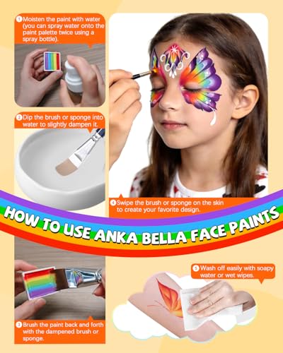 Anka Bella Face Painting Kit for Kids & Adults, Water Activated Face Paint Palette with 14 Brushes, Non Toxic Hypoallergenic Washable Face Paint Professional for Drawing Butterflies - color: ButterflyGlow Palette