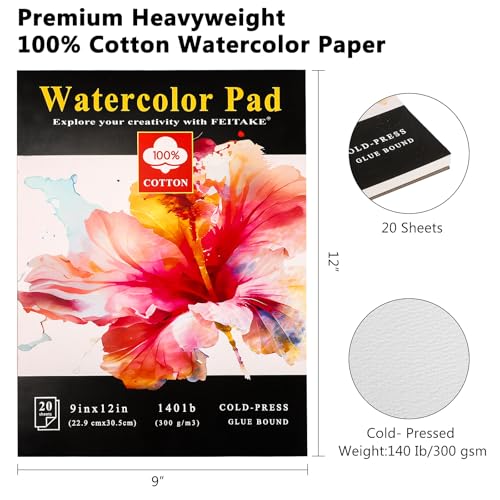 FEITAKE Watercolor Pad 9"x12" Watercolor Paper Sketchbook 100% Cotton/Cold Pressed /140lb (300gsm)/ Acid Free Artist Grade Water Color Art Drawing & Painting Paper -20 Sheets Pack - color: 9x12“ 1 Pad