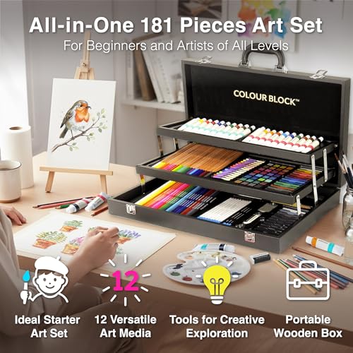 COLOUR BLOCK 181-Piece Mixed Media Art Set in PU Leather Case for Drawing Sketching Painting, Soft Oil Pastels, Acrylic Watercolor Paints, Pencils, Art Supplies Kit for Artists, Professional, Adults, Beginner