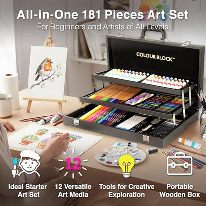 COLOUR BLOCK 181-Piece Mixed Media Art Set in PU Leather Case for Drawing Sketching Painting, Soft Oil Pastels, Acrylic Watercolor Paints, Pencils, Art Supplies Kit for Artists, Professional, Adults, Beginner
