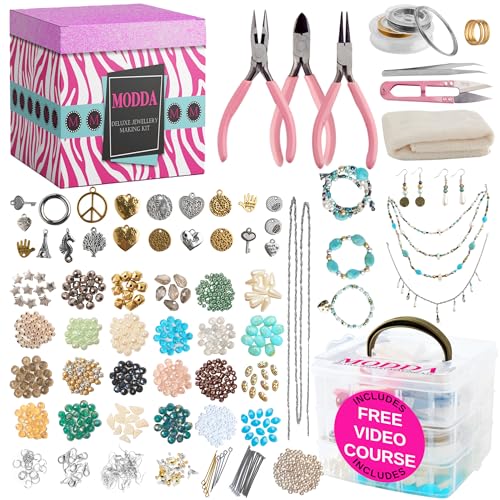 MODDA Deluxe Jewelry Making Kit with Video Course, Includes Instructions, Beads, Necklace, Bracelet, Earrings Making, Crafts for Adults, Beginners, Christmas Gift for Teens, Girls 13-15, Moms, Women - color: Deluxe Jewelry Making Kit