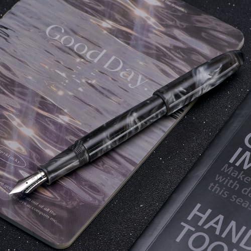 Asvine C80 Fountain Pen #8 Medium Nib Large Handcraft Pen with Converter Pen Box Collection Set (Gray Ripple) - color: Gray Ripple, style: Medium