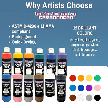 Constructive Playthings Acrylic Paint Set – 12 Vibrant 8 oz Bottles Made in the USA – Thick, Rich Pigment for Rock Painting, Pouring, Fluid Art & Canvas Painting