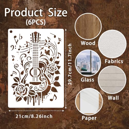 6 Sheets Texture Guitar Stencils for Painting, 6 Styles Musical Instruments Musical Note Wall Stencil Template Reusable Musical Theam Stencils for Painting on Wall Wood Home Decor - style: Guitar