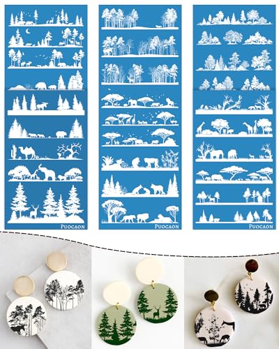 Puocaon Tree Clay Silk Screen - 6 Pcs Stencils for Polymer Jewelry, Forest Earrings Making, Pine Tree Design - color: pine tree