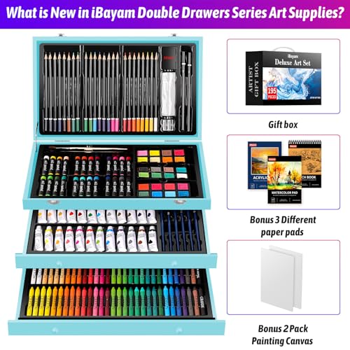 iBayam Art Set for Kids Teens Girls Boys Adult, 195-Pack Deluxe Artist Gift Box with 3 PCS Drawing Pads, A4 Canvases, Arts and Crafts Kits, Painting, Drawing & Art Supplies with 24 Color Acrylic Paint - color: Blue