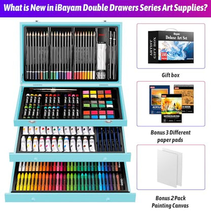 iBayam Art Set for Kids Teens Girls Boys Adult, 195-Pack Deluxe Artist Gift Box with 3 PCS Drawing Pads, A4 Canvases, Arts and Crafts Kits, Painting, Drawing & Art Supplies with 24 Color Acrylic Paint - color: Blue