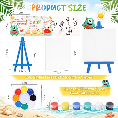 Eaasty 24 Set Mini Acrylic Paint Kit for Kids Monster Watercolor Painting Set Acrylic Paint Canvas Brushes Easel with Cards Bulk for Summer Themed Party Gifts Favor Kids Artists Beginner