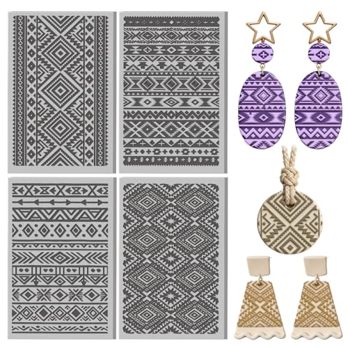 4 Pcs Tribal Patterns Clay Texture Mat Ethnic Pattern Polymer Clay Texture Sheets DIY Tools for Pottery Earring Jewelry Making Stamp Engraving Machines, 4x2.6inch - style: Tribal Patterns