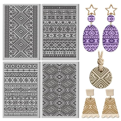 4 Pcs Tribal Patterns Clay Texture Mat Ethnic Pattern Polymer Clay Texture Sheets DIY Tools for Pottery Earring Jewelry Making Stamp Engraving Machines, 4x2.6inch - style: Tribal Patterns