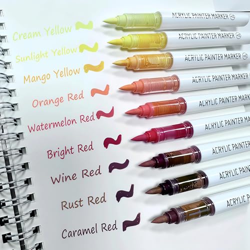 Brush Tip Acrylic Markers, 9 Colors Water Based Acrylic Paint Pens for Rock Painting, Journaling, Wood, Glass, Adult Coloring Books, Art & Journaling Supplies (Vitality Warm Series) - style: Vitality Warm Series
