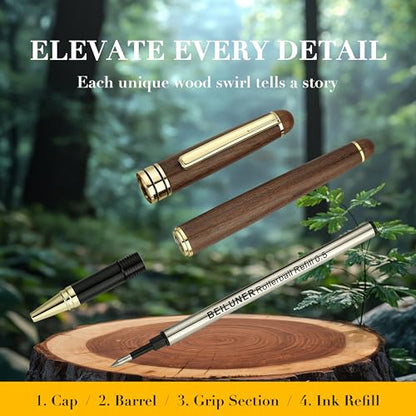 BEILUNER Luxury Wood Ballpoint Pen Writing Set,Walnut-Elegant Fancy Nice Gift Pen Set for Signature Executive Premium Office Fancy Nice Supplies - Gift Boxed with Extra Refills (Black) - color: Walnut