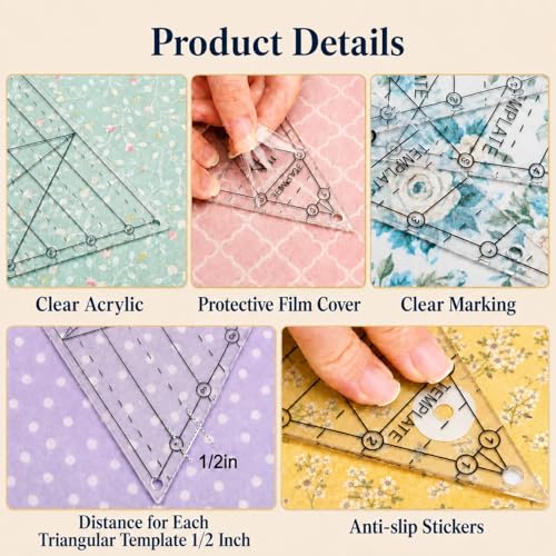 TSV Triangle Quilting Ruler Set: 8 Pack Thick Acrylic Triangle Templates in 4"/6"/8"/10" Size - Accurate Fabric Cutting for Quilter with Triangle Hexagon Diamond Kaleidoscope Geometric Patterns