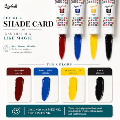 Leoball® Water-Soluble Block Printing Ink Starter Set: 4-Color Included (Black, Red, Blue, Yellow) - 1.25 Ounce Tube Each