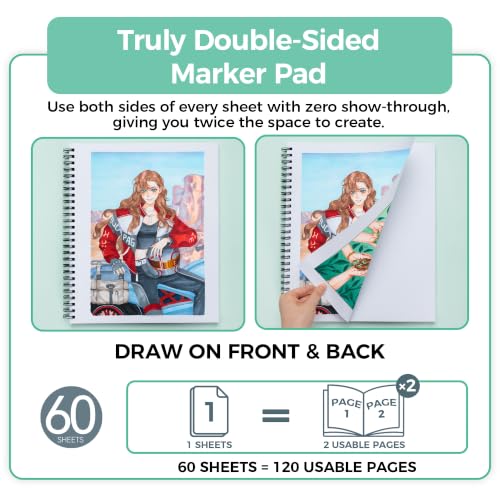Ohuhu Double-Sided Marker Pad Sketchbook Bleedproof - 11"x14" Large Paper Size - 90 LB/150 GSM Smooth Drawing Paper - 60 Sheets/120 Pages - Spiral Bound Sketching Book for Alcohol Markers - size: 11" x 14"