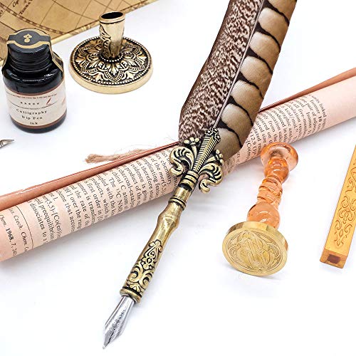 Antique Quill Pen Unique Half-Patterned Feather Pen Set with 6 Nibs 1 Bottle of Ink 1 Seal Stamp 1 Pen Holder 1 Sealing Wax LL-149