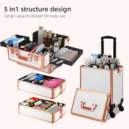 Somduy Rolling Makeup Case, Makeup Train Case with Lid, 5 in 1 Cosmetology Case on Wheels, Christmas Gift, Large Makeup Organizers, Profesional Cosmetic Case for Salon Barber, White Gold - color: White Gold