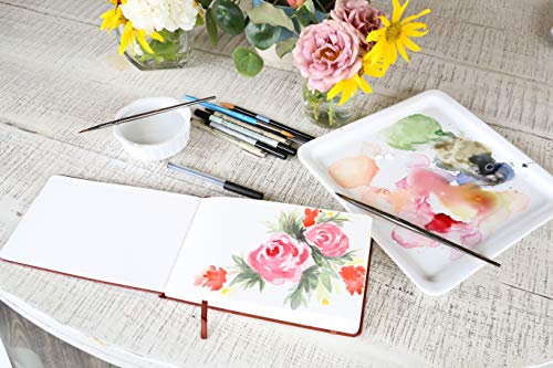 Linden Art Watercolor Journal, 140 lb (300 GSM), 64 Cold Pressed 8.5"x5.5" Pages, Watercolor and Mixed Media Travel Journal, Brown PU Leather Hard Cover Art Book