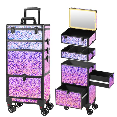 Rolling Makeup Case with Lighted Mirror, Makeup Train Case with Large Drawer, Cosmetology Case, Travel Makeup Organizers, Professional for Salon Barber, Nail, Tattoo, Multicolor Purple - color: Black Colourful, style: Lighted Mirror
