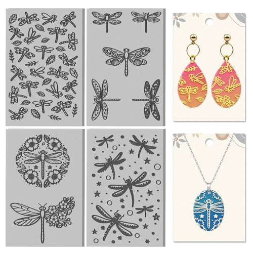 4 Sheets Dragonfly Clay Texture Mat Leaves and Flowers Pattern Polymer Clay Texture Sheets DIY Tools for Pottery Earring Jewelry Making Stamp Engraving Machines, 4x2.6inch - style: Dragonfly
