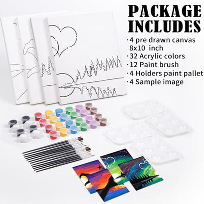 Sip and Paint Kit for Adults,Pre Drawn Canvas 4 Pack Painting Kit Party Date Night Couples Paint Art Canvas Set Valentine 8x10 in - size: 8x10, style: style 11