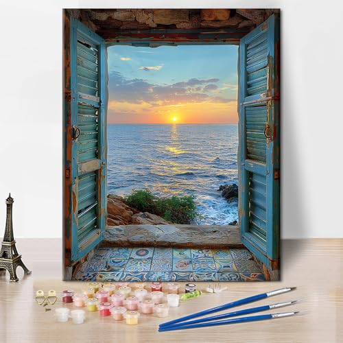 TUMOVO ‌Paint by Numbers Kit for Adults Summer Mediterranean Window Vintage Style DIY Art Painting Set with 16x20 Inch Canvas Acrylic Paints and Brushes Coastal Home Decor Gift - color: Artwork-08