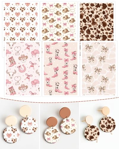 Puocaon Cowgirl Polymer Clay Transfer Sheets - 18 Pcs Boho Western Transfer Paper for Polymer Clay Earrings Jewelry Pink Bow Boots Design