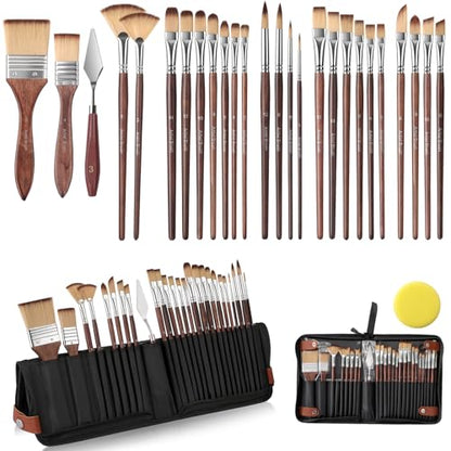 Paint Brushes Set of 26 Pieces Watercolor Acrylic Paint Brushes with Self-Standing Case, Professional Wooden Handle Brushes for Oil, Acrylic and Watercolor Painting, Face Painting