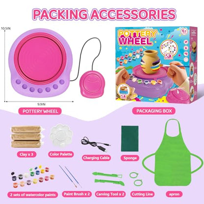 Cmiolacuna Pottery Wheel for Kids, Complete Kit with Air-Dry Clay，Ages 8-12 | Beginner pottery kit with air-dry clay, 12 paints, clay tools and apron - no kiln needed, screen-free craft gift ages 8-12 - color: Pink