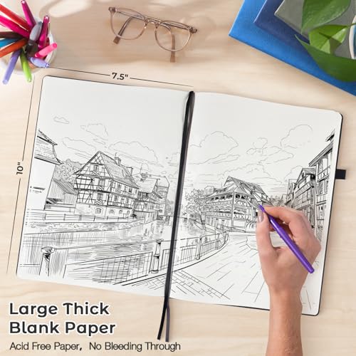 Blank Notebook, Hardcover Sketch Book, 8.5" x 11" Large Blank Journal, No Bleed Thick Paper Sketchbook for Drawing, Unlined Notebook Journal for Women Men School, A4 Leather Sketchbook Lay Flat, Black - color: Black
