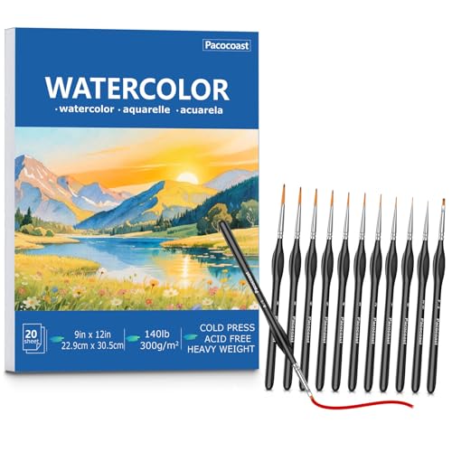 9"X12" Watercolor Paper (300gsm Cold Press) & 12PC Multi-Size Triangular-Handle Miniature Detail Brushes Set,Premium Art Supplies for Watercolor, Acrylic, Gouache, Fine Detailing & Painting