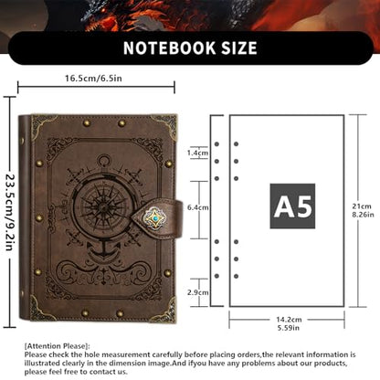 DUROTAN Compass Journal Notebook,Unique A5 Binder 400 Page | For Travel Diary Writing Journal Notebook for Men Women Dnd Gift with Blank Pages - color: 9-GrayBrown-Compass