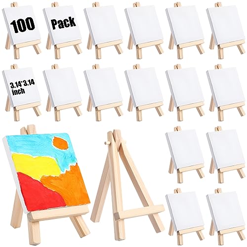 Fuutreo 200 Pcs 3 x 3 Inch Mini Canvas and Easel Set, 100 Mini Stretched Canvas with 100 Wooden Easels for Acrylic Pouring Oil Paint Water Color Painting - size: 3 x 3 Inch